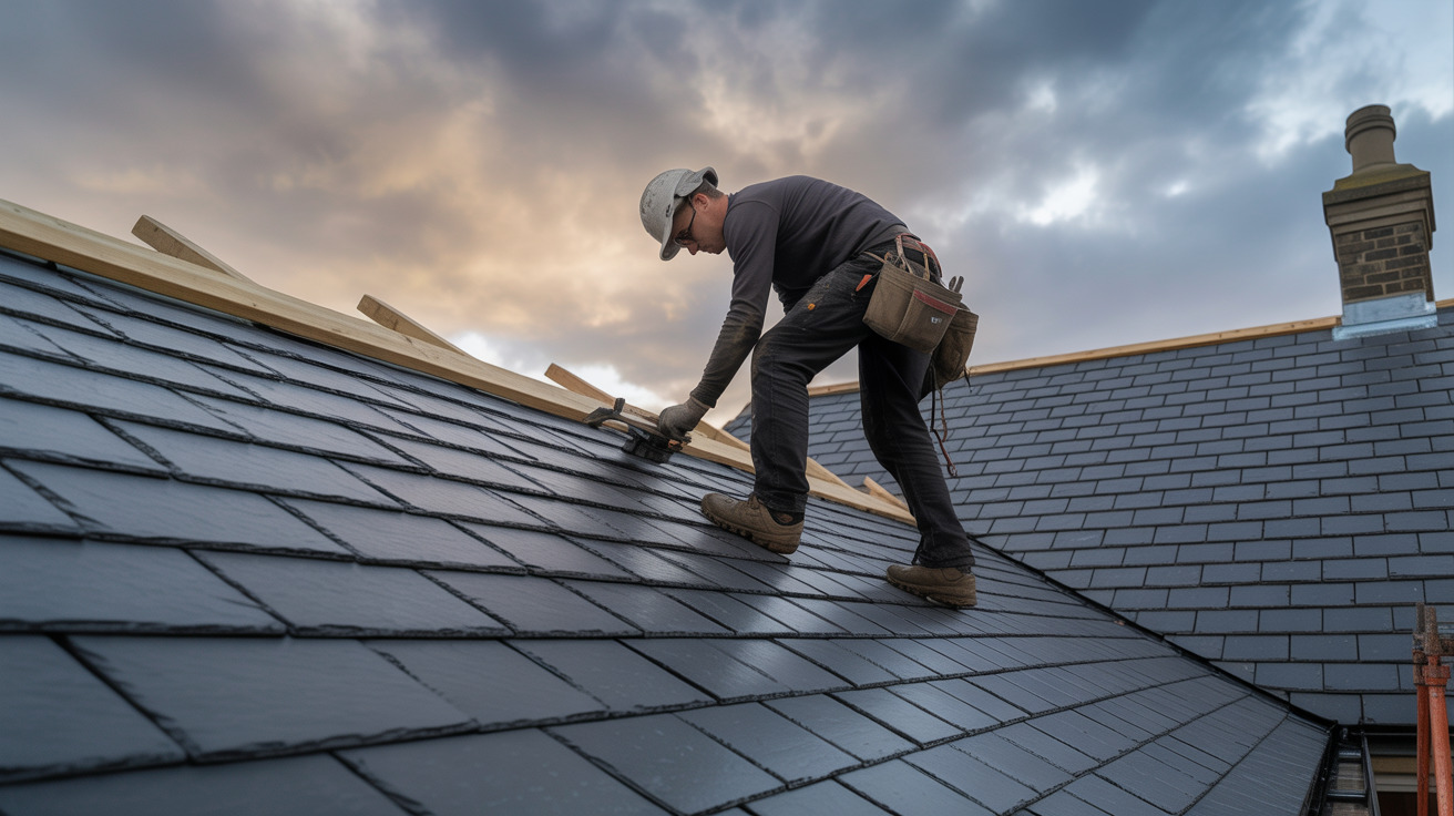 Professional roofer working on slate roof in Northern Ireland